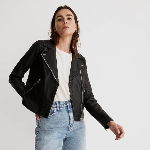 Madewell Washed Black Leather Moto Jacket SMALL